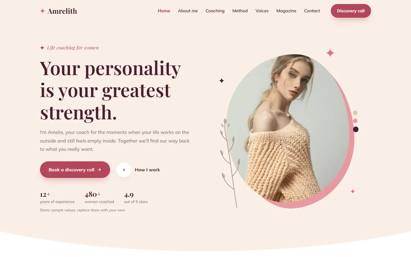 Homepage of the Amrelith template for a life coach