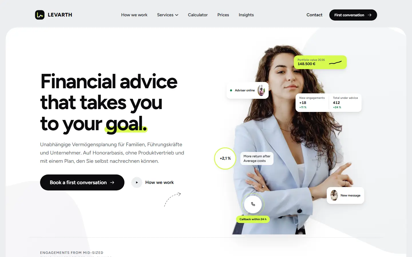 Home page of the Levarth template with floating white panels on a grey ground, a lime accent and a wealth calculator