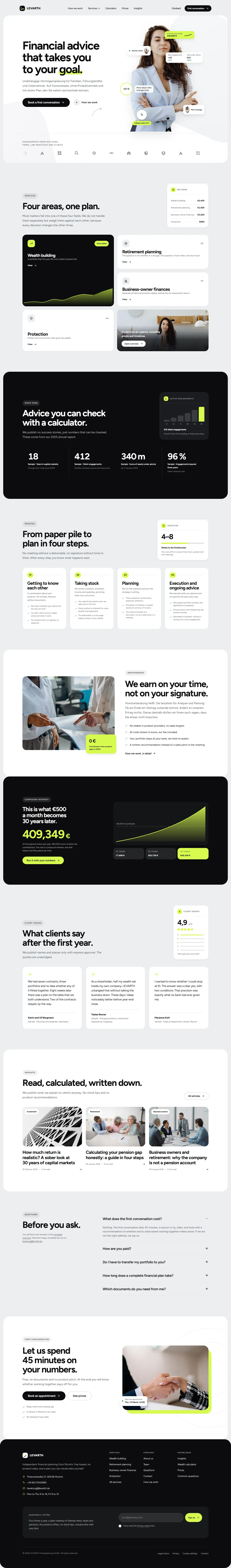 Home page of the Levarth template with floating white panels on a grey ground, a lime accent and a wealth calculator
