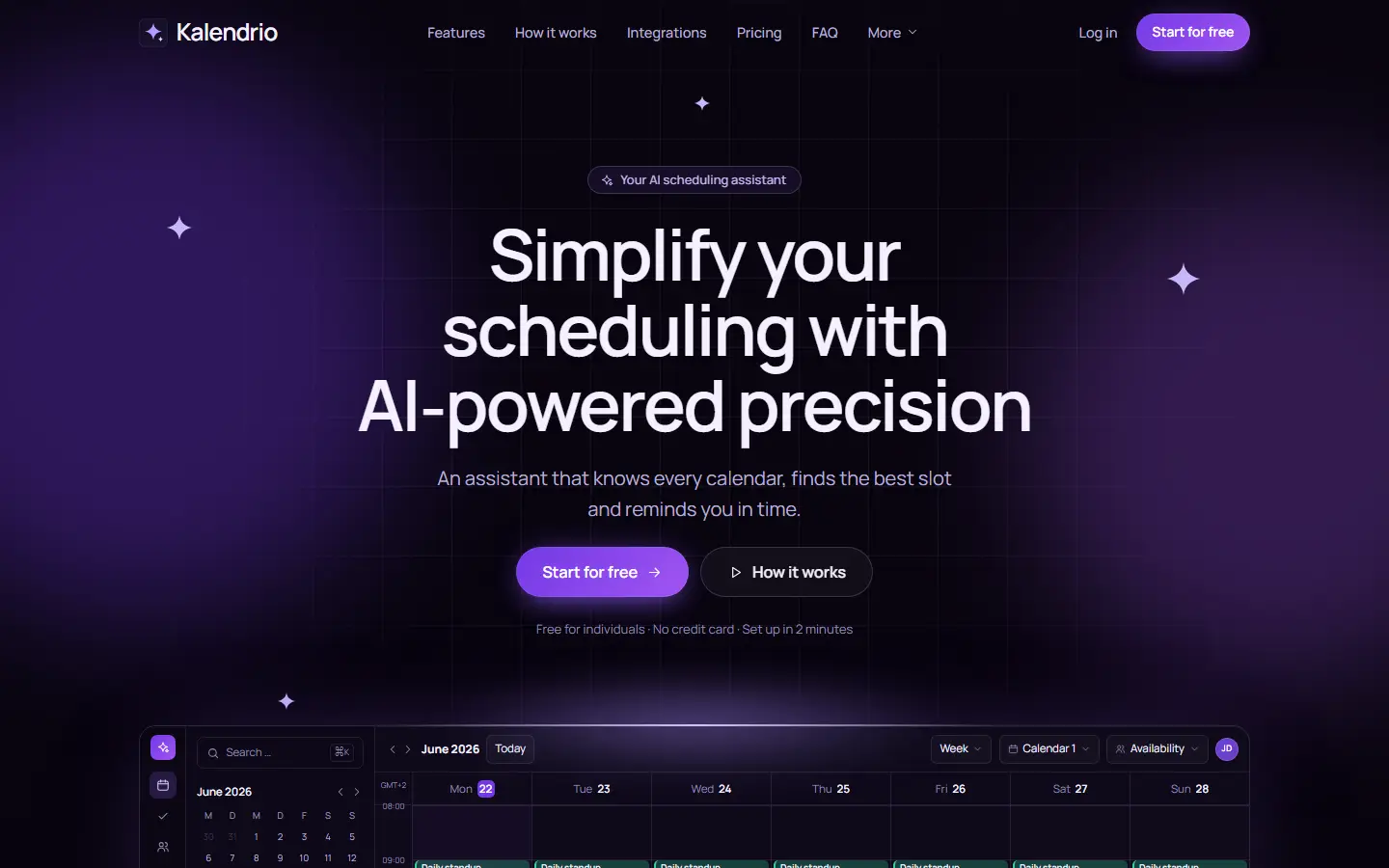 Home page of the Kalendrio template with a near-black violet ground, an arc of light and a weekly calendar built in HTML