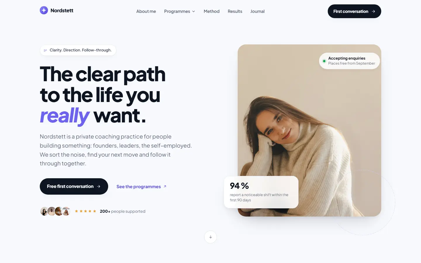 Homepage of the Nordstett template for a coaching practice