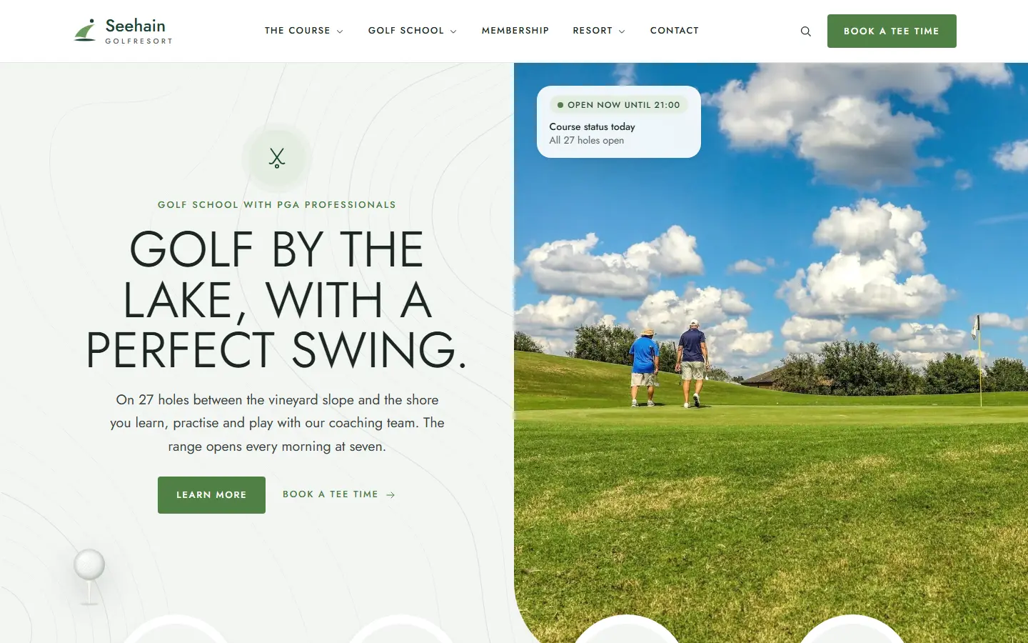 Home page of the Seehain template with a photo of the course, a three line heading and the site plan of the resort