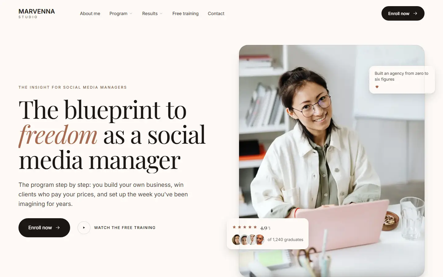 Home page of the Marvenna template with a Playfair Display headline, cream and peach bands and a photo with a floating rating card