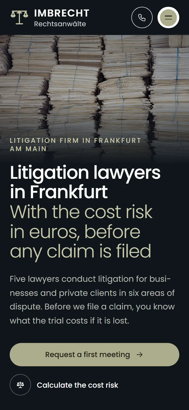 Mobile entry screen of the Imbrecht template