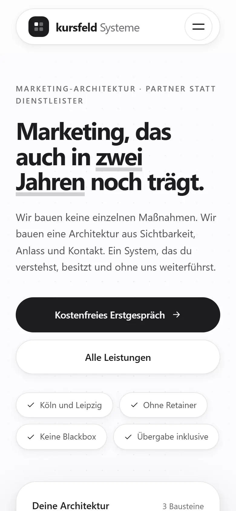 Mobile Startseite des Templates Kursfeld