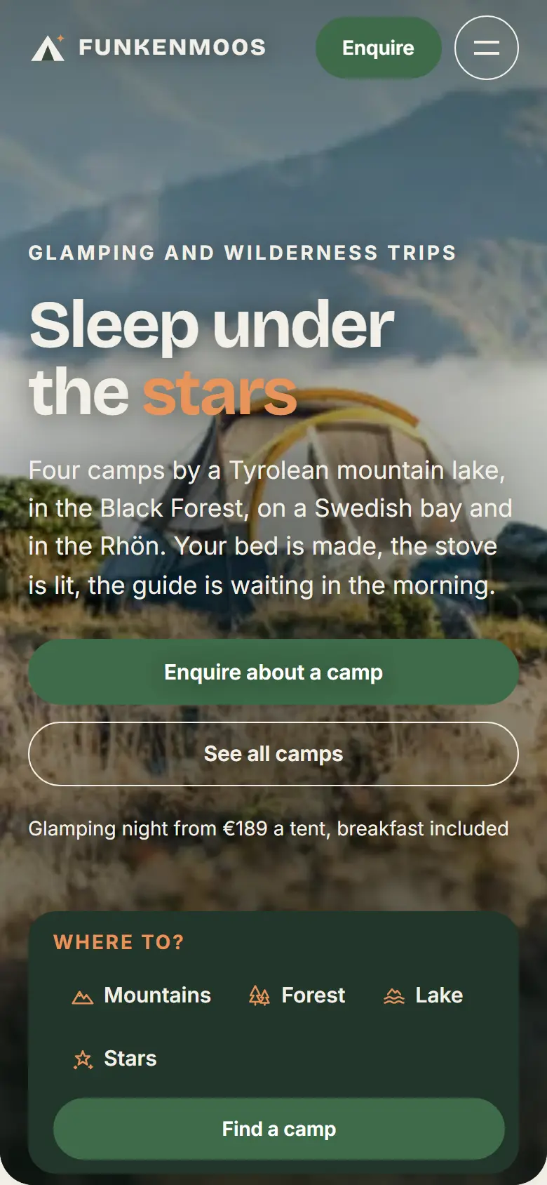 Mobile entry screen of the Funkenmoos template