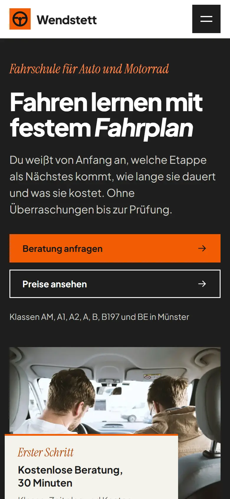 Mobile Startseite des Templates Wendstett