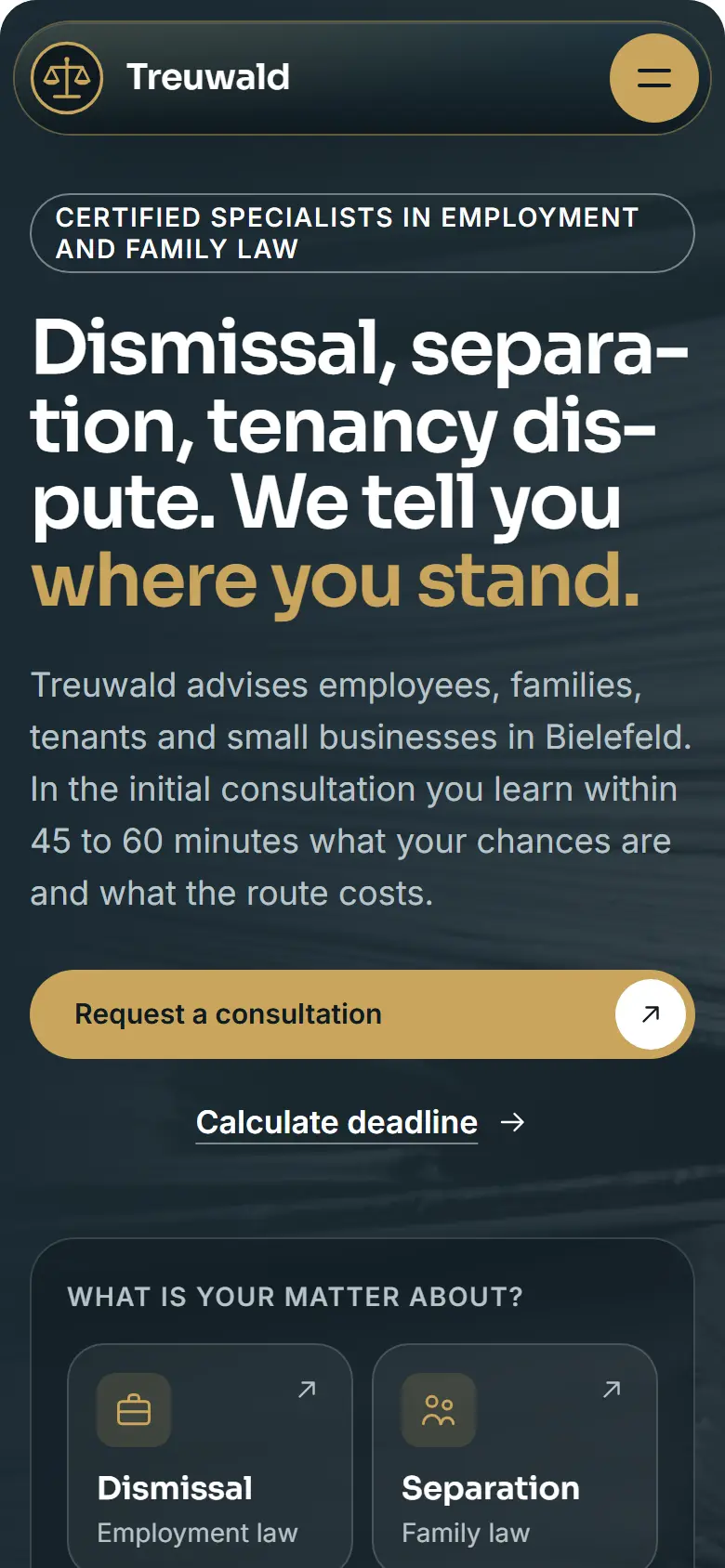 Mobile entry screen of the Treuwald template