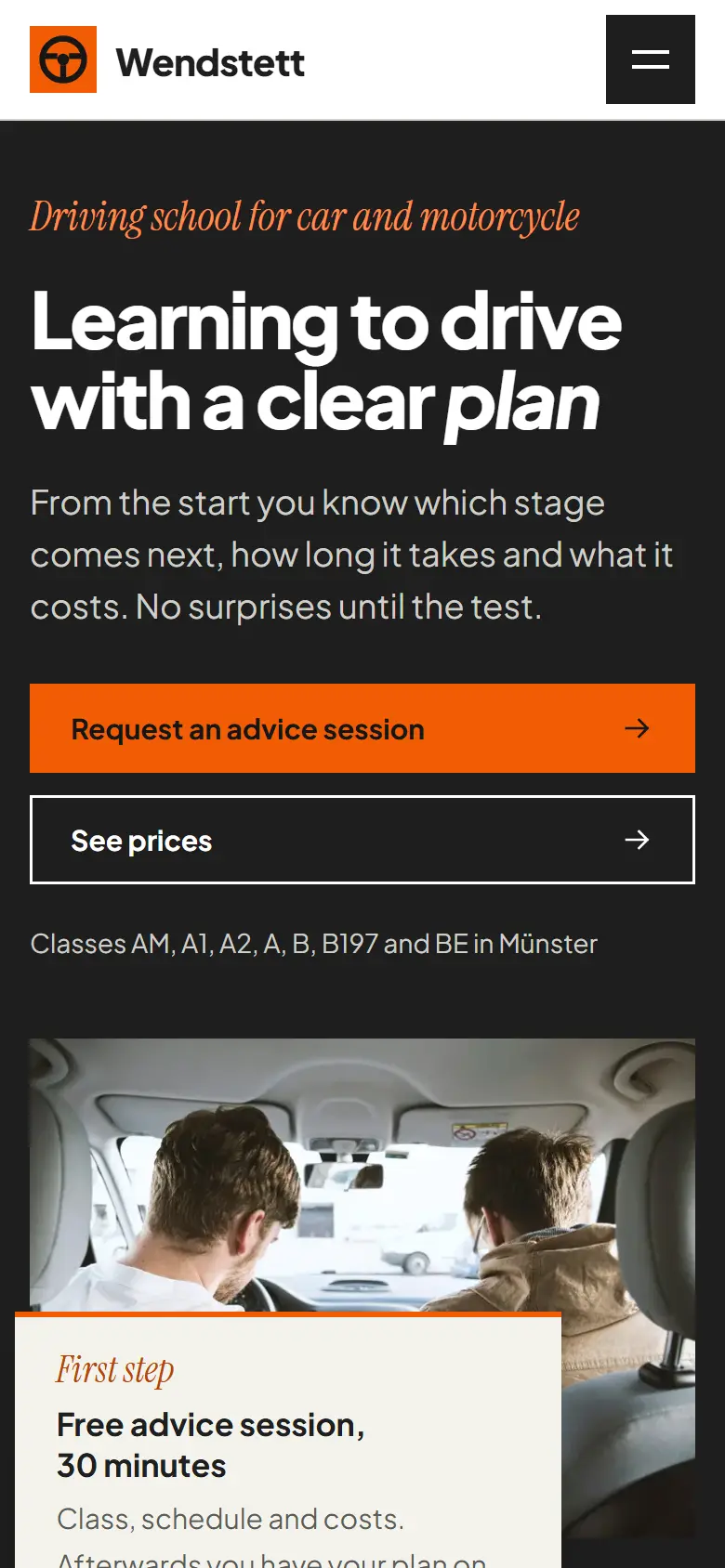 Mobile entry screen of the Wendstett template