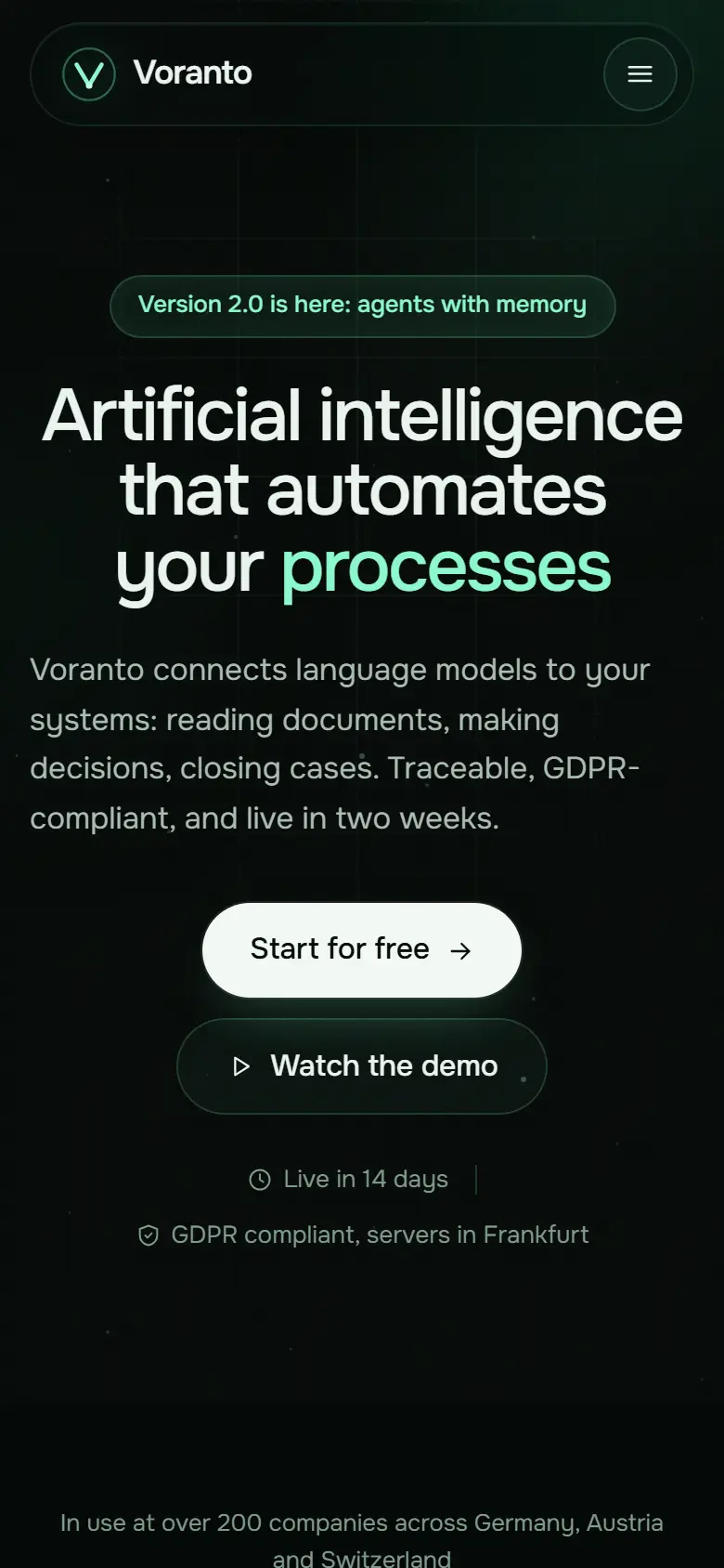 Mobile entry screen of the Voranto template