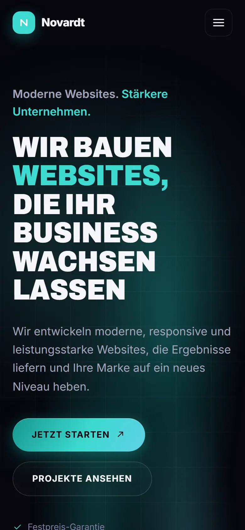 Mobile Startseite des Templates Novardt