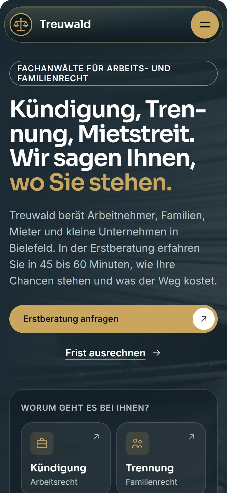 Mobile Startseite des Templates Treuwald