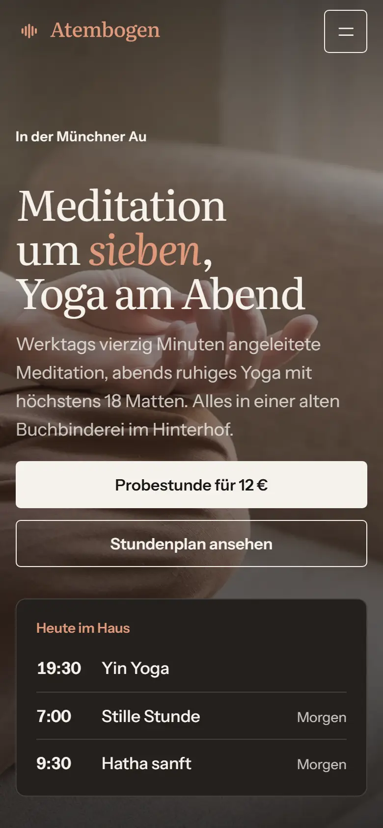 Mobile Startseite des Templates Atembogen