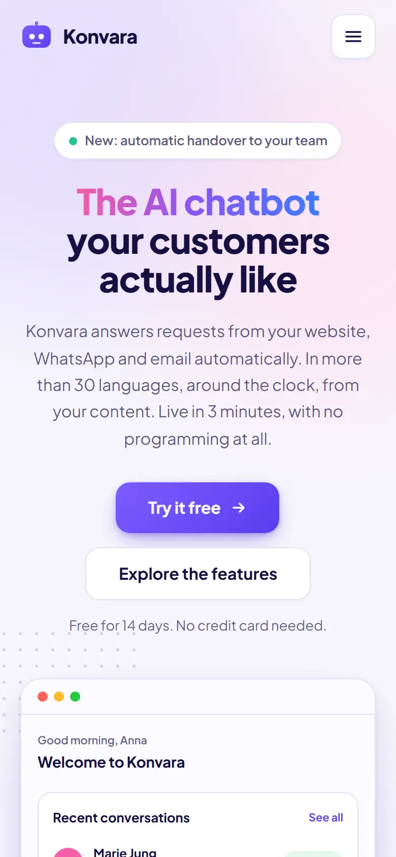 Mobile entry screen of the Konvara template