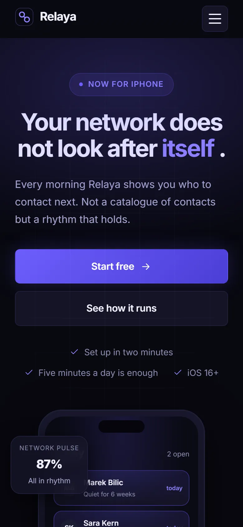 Mobile entry screen of the Relaya template