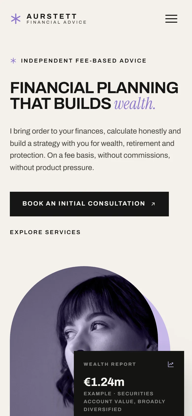 Mobile entry screen of the Aurstett template