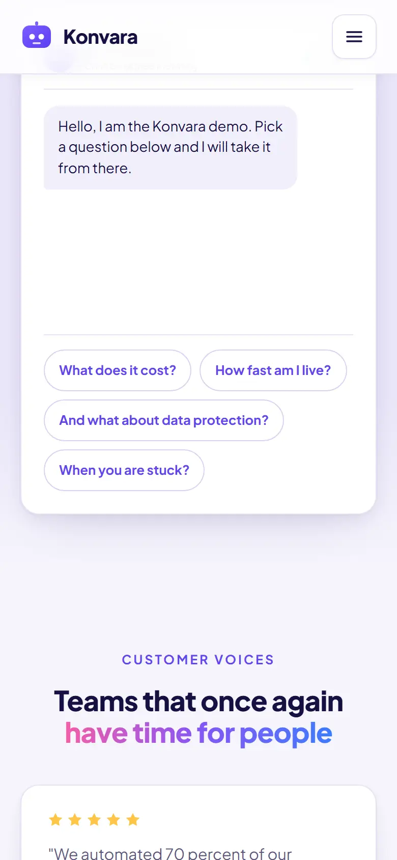 Mobile content section of the Konvara template
