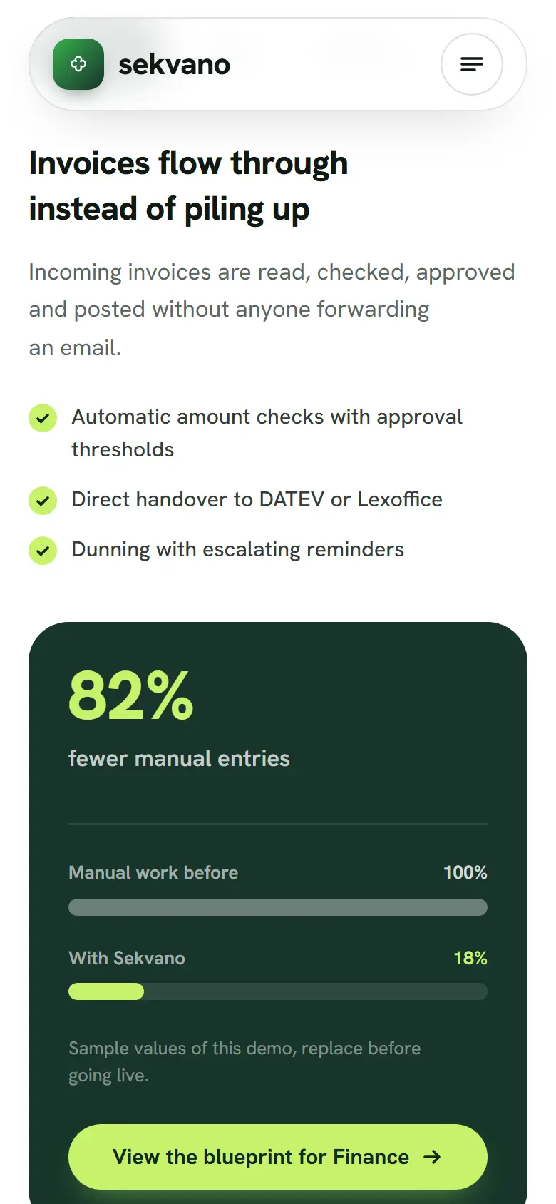 Mobile content section of the Sekvano template