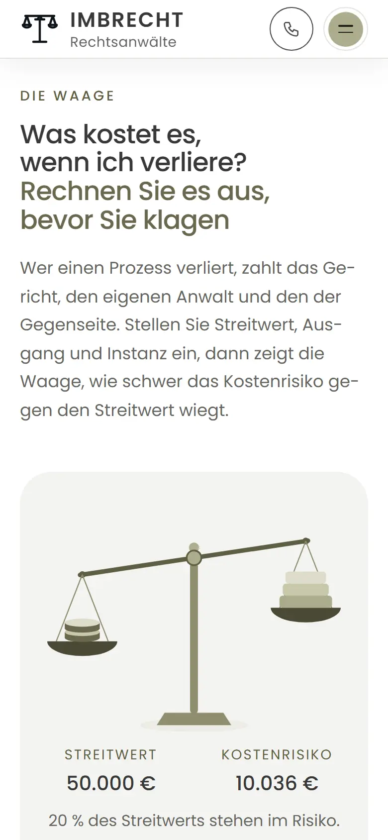 Mobile Inhalts-Sektion des Templates Imbrecht