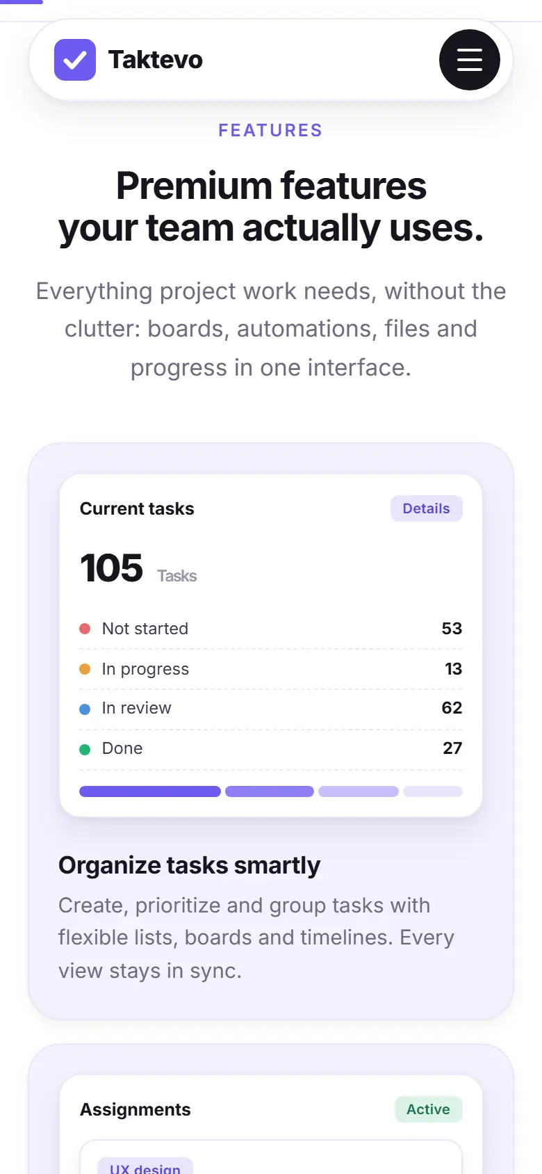 Mobile content section of the Taktevo template