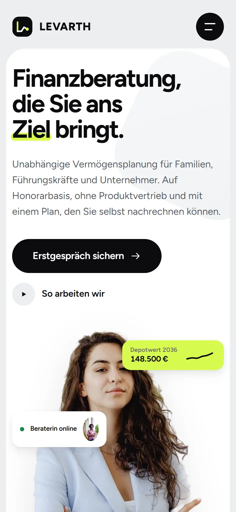 Mobile Startseite des Templates Levarth