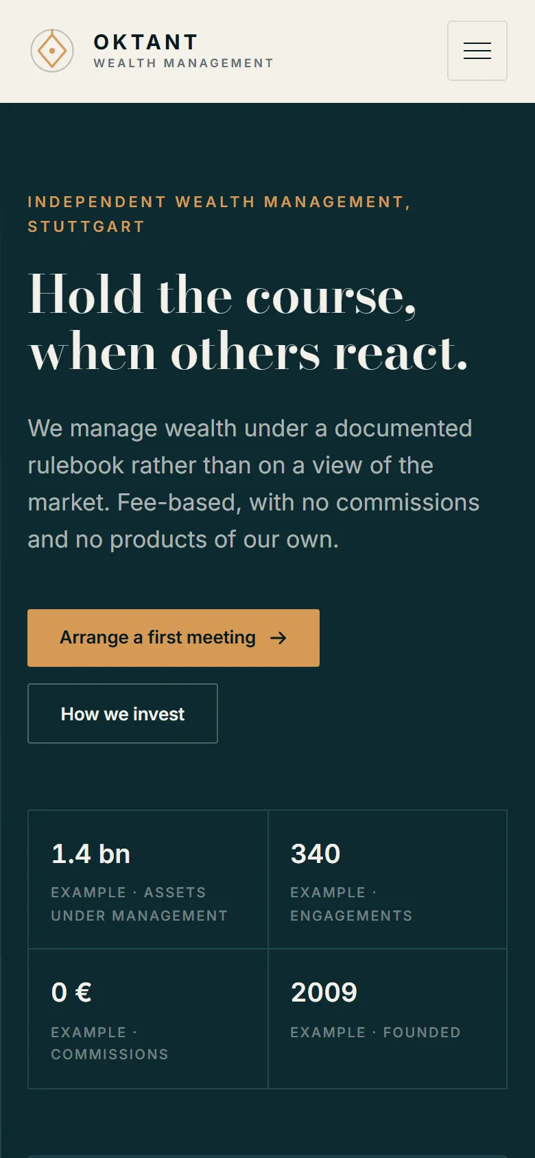Mobile entry screen of the Oktant template
