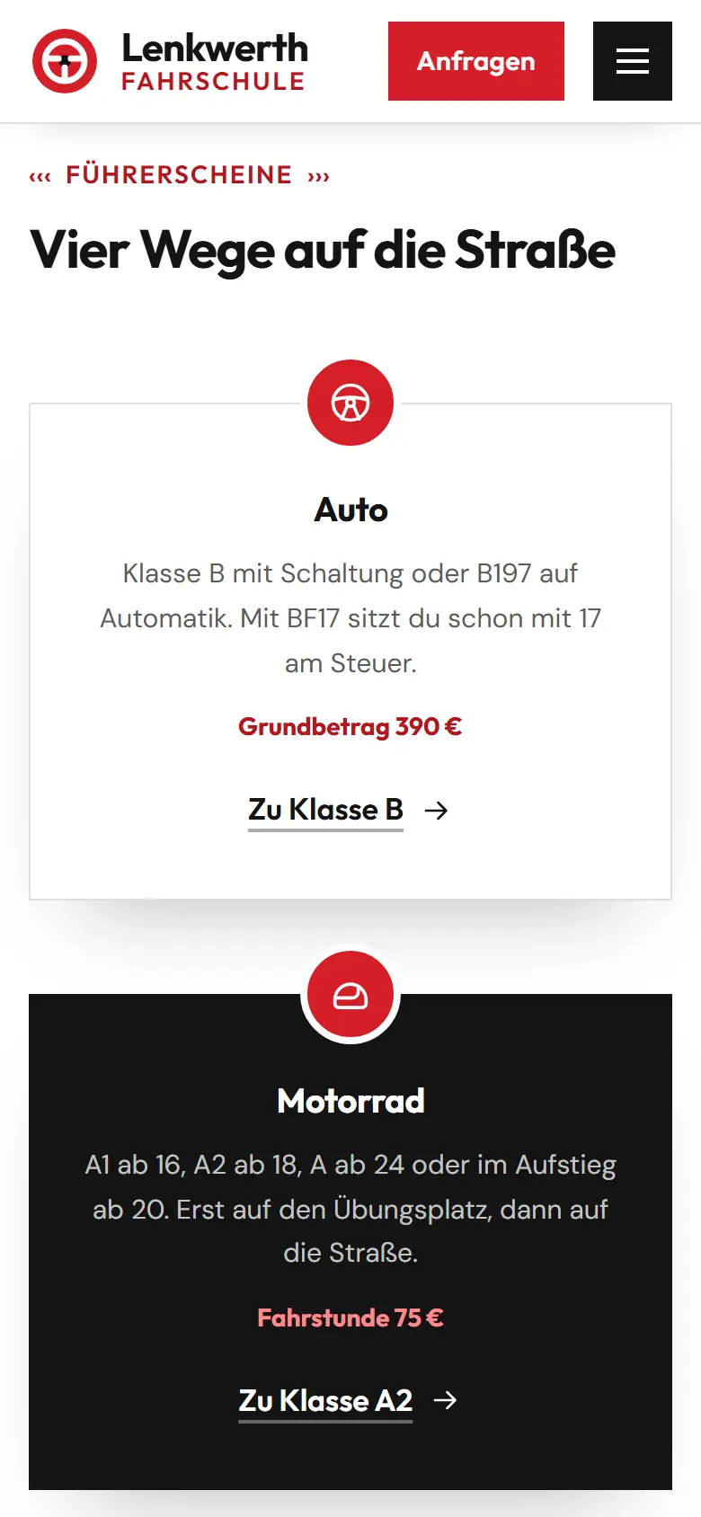 Mobile Inhalts-Sektion des Templates Lenkwerth
