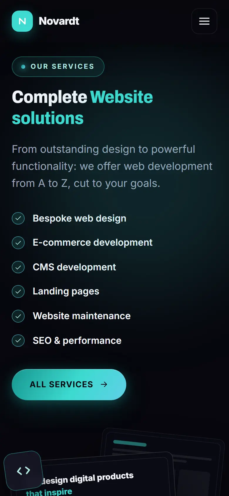 Mobile content section of the Novardt template