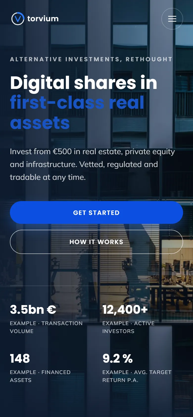 Mobile entry screen of the Torvium template