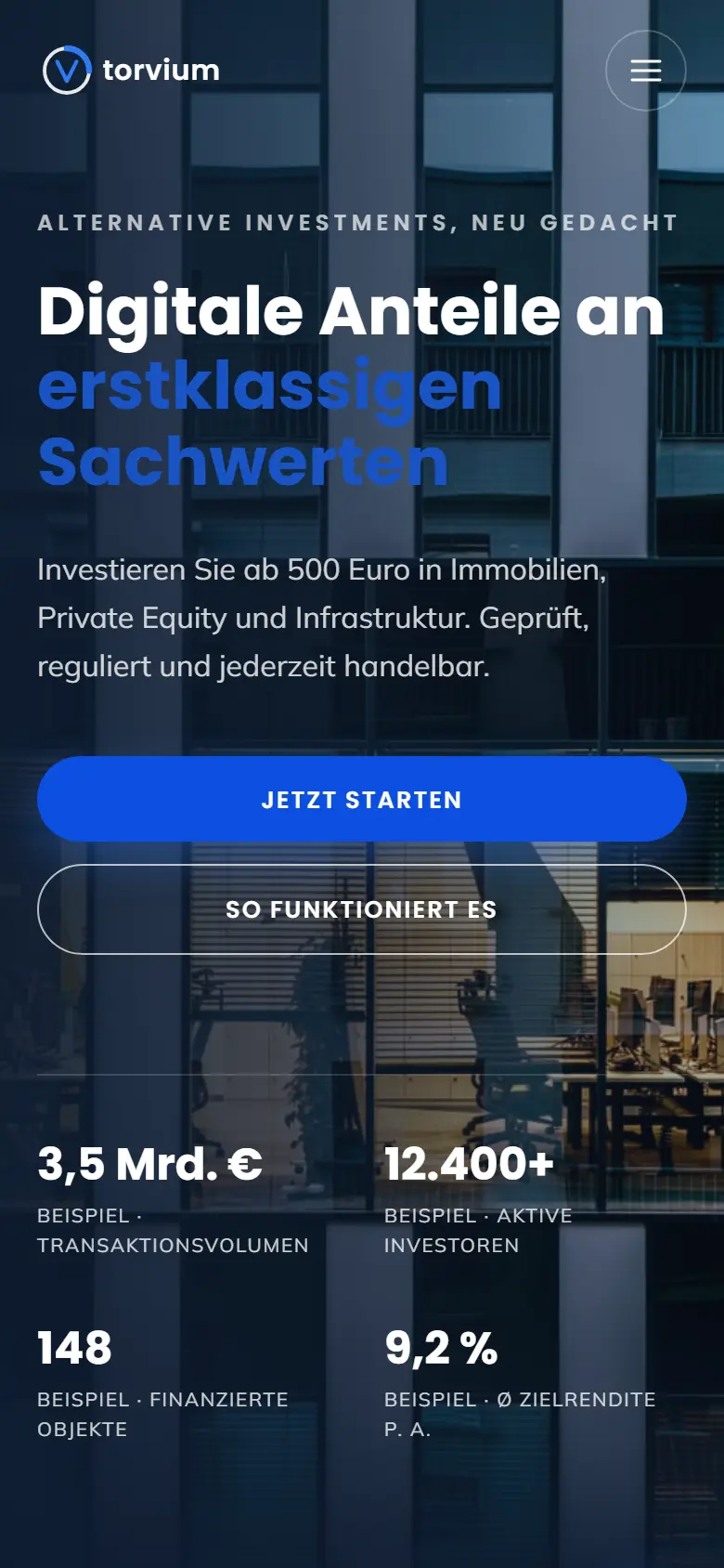 Mobile Startseite des Templates Torvium