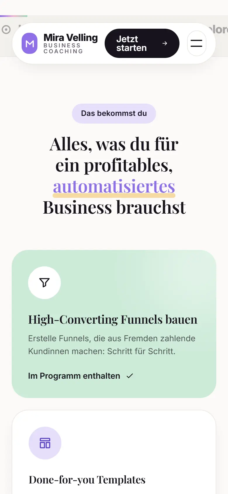 Das Template Velling auf dem Telefon