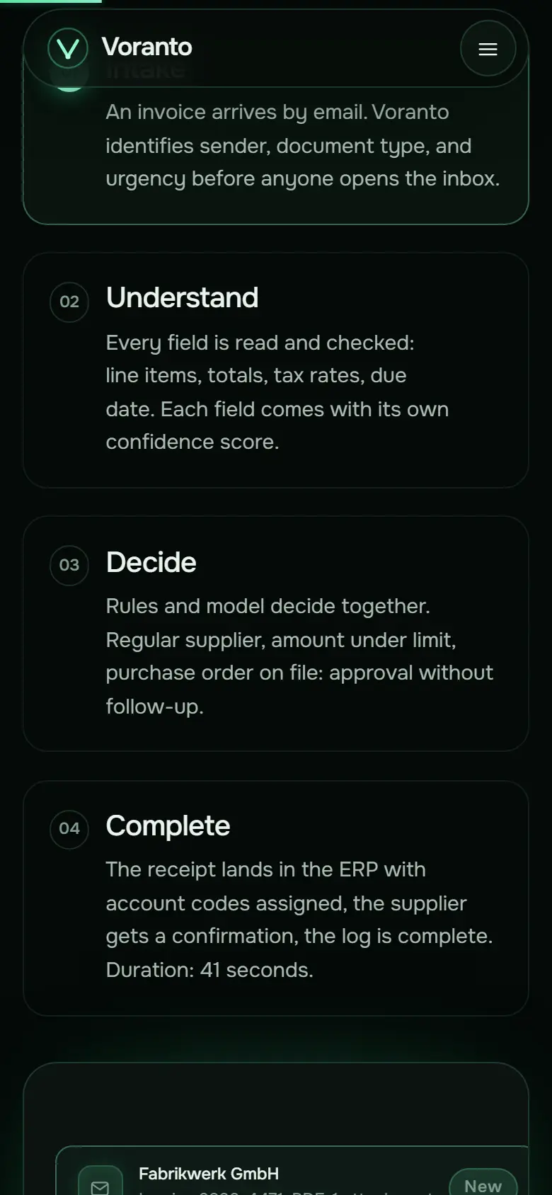 Mobile content section of the Voranto template
