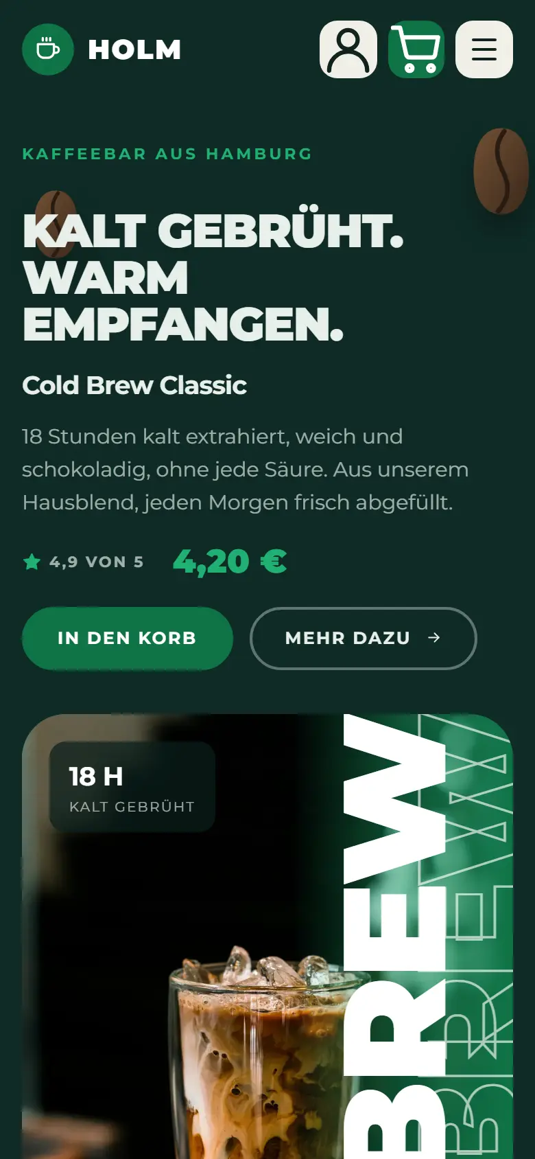 Mobile Startseite des Templates Holm