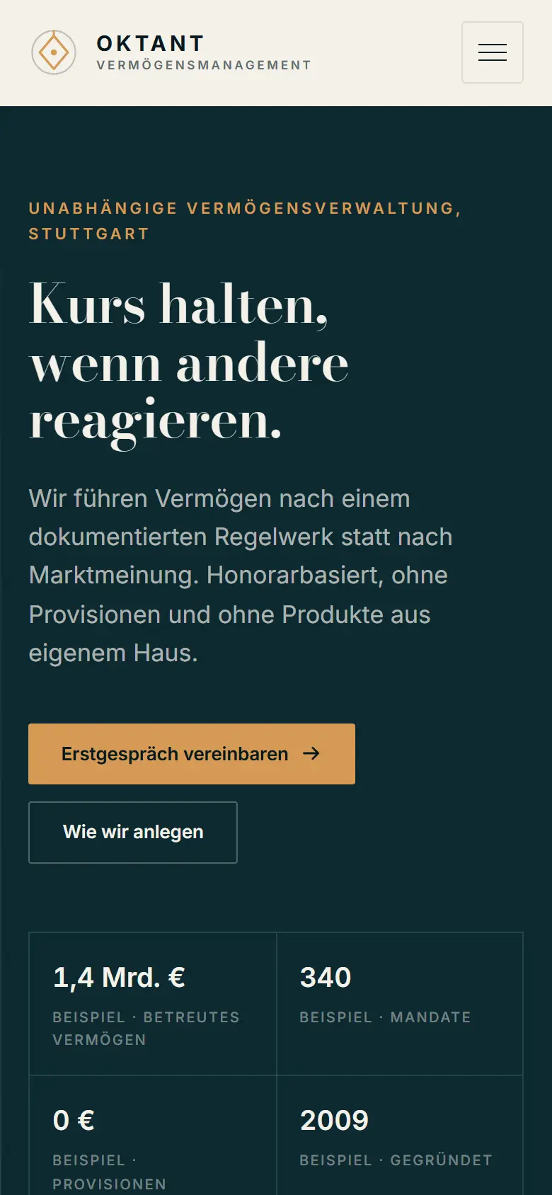 Mobile Startseite des Templates Oktant