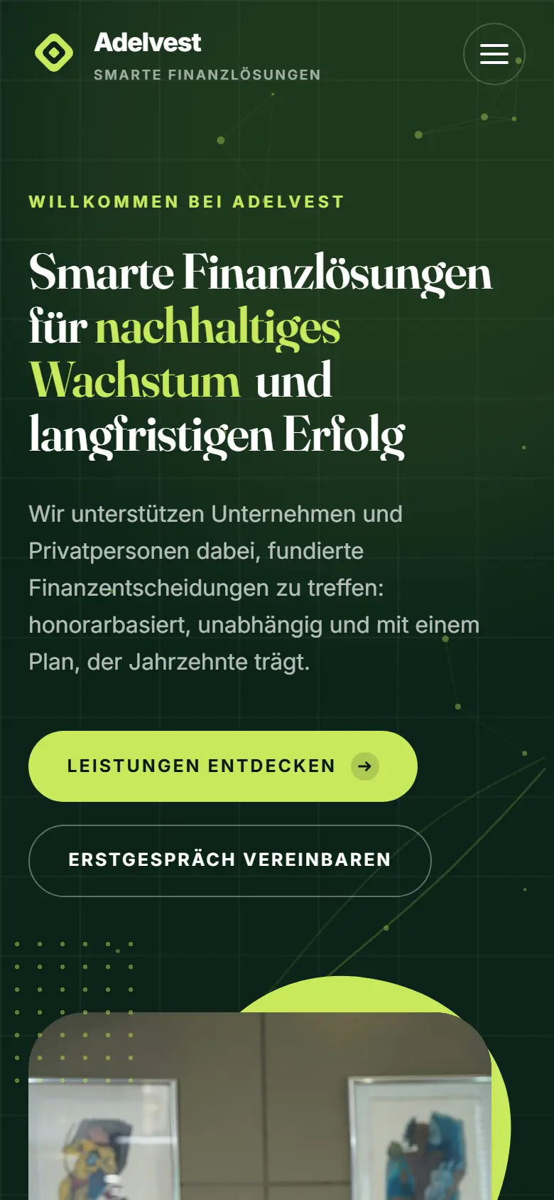 Mobile Startseite des Templates Adelvest