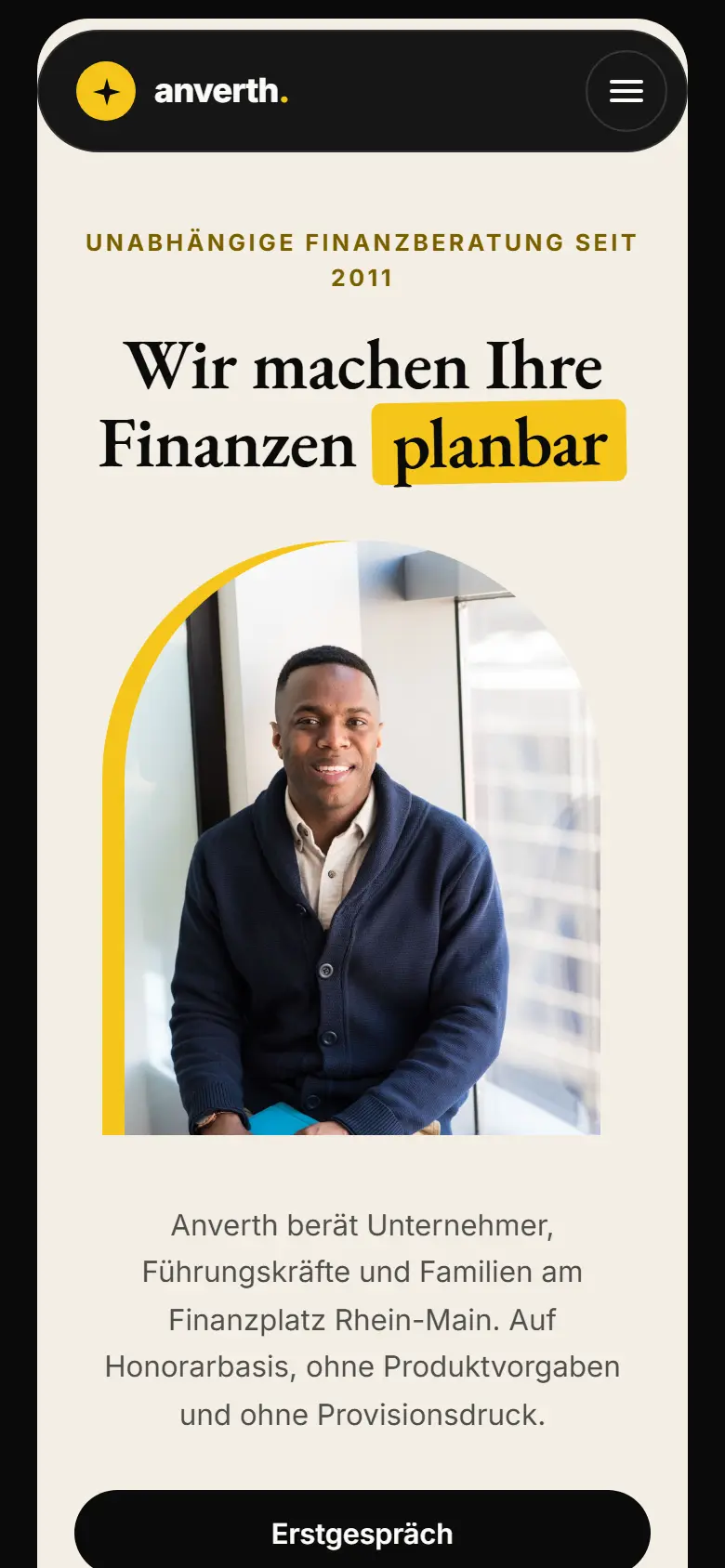 Mobile Startseite des Templates Anverth