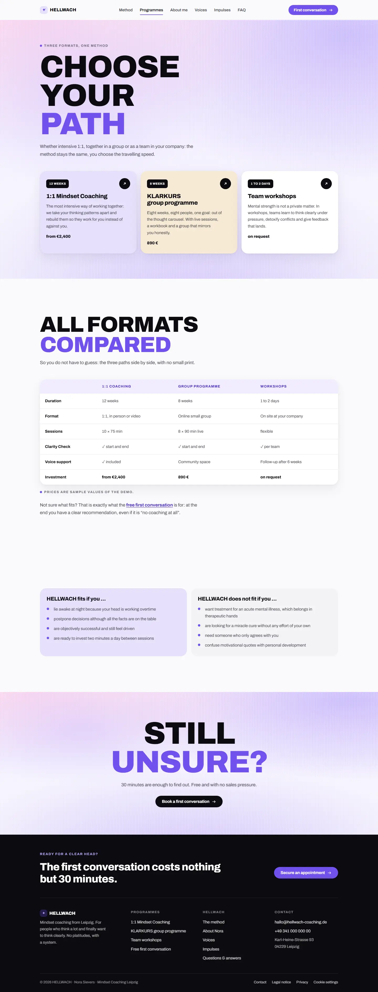 The offers page of the Hellwach template, three coloured offer cards on a holographic surface