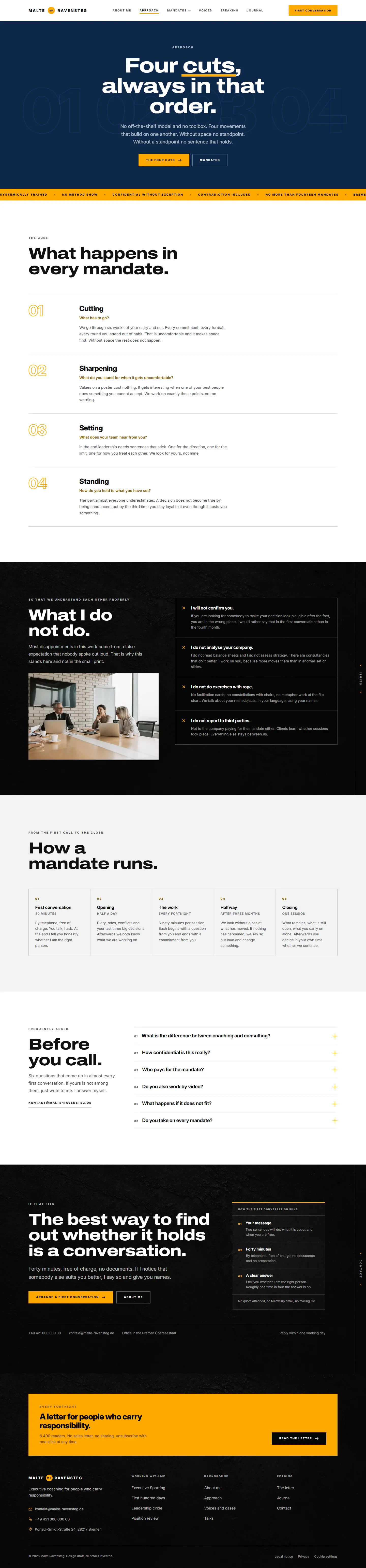 The approach page, navy surface with large outline numerals and a running amber band