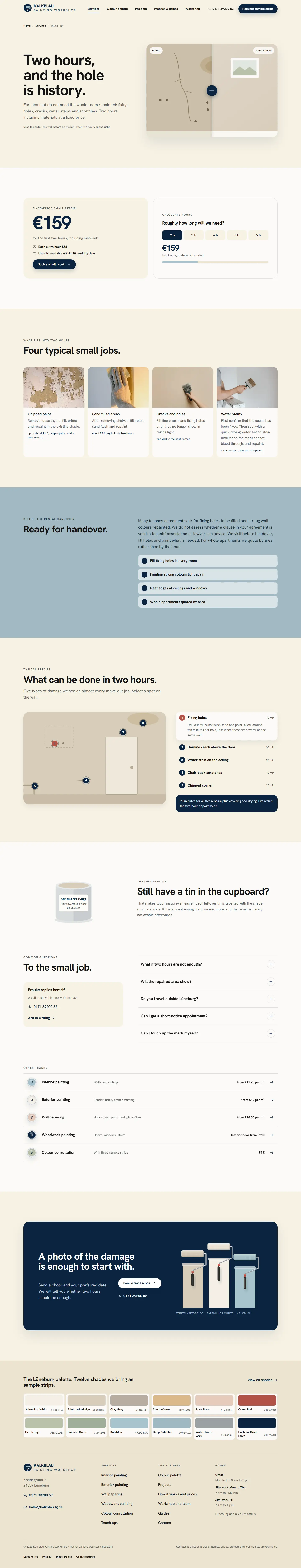 Touch-ups page with a before and after slider over a drawn wall and a fixed price of 159 euros