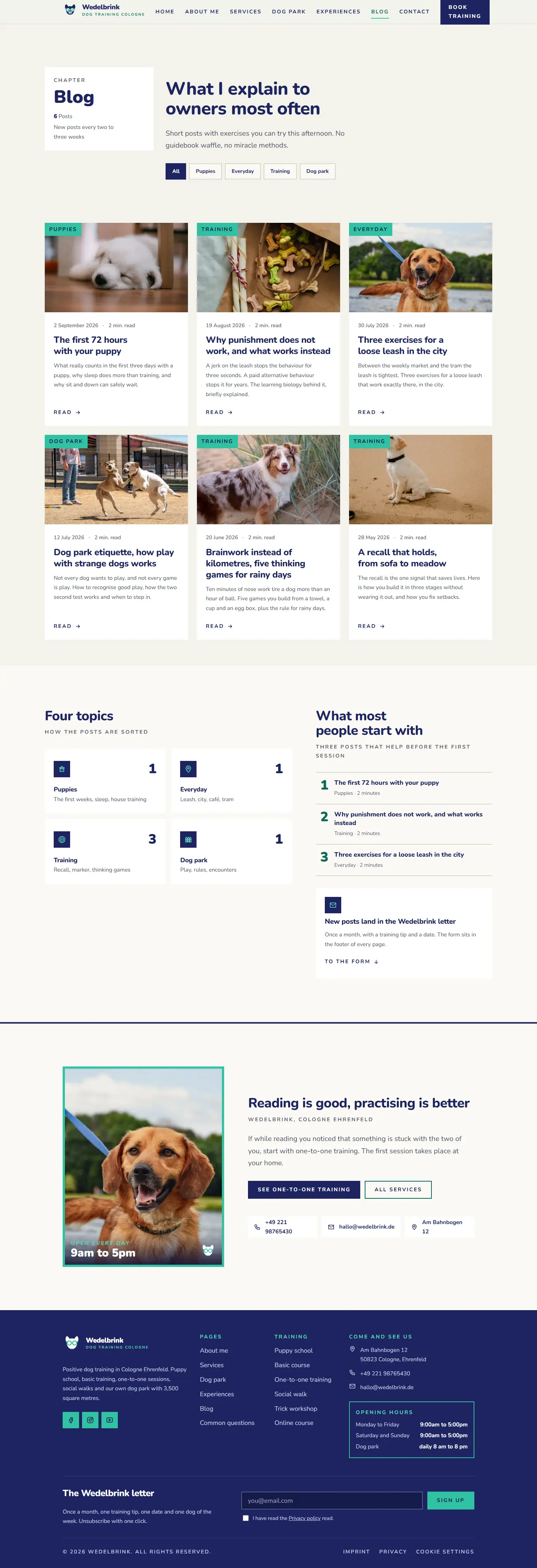 The blog of the Wedelbrink template with the opener and the topic tiles