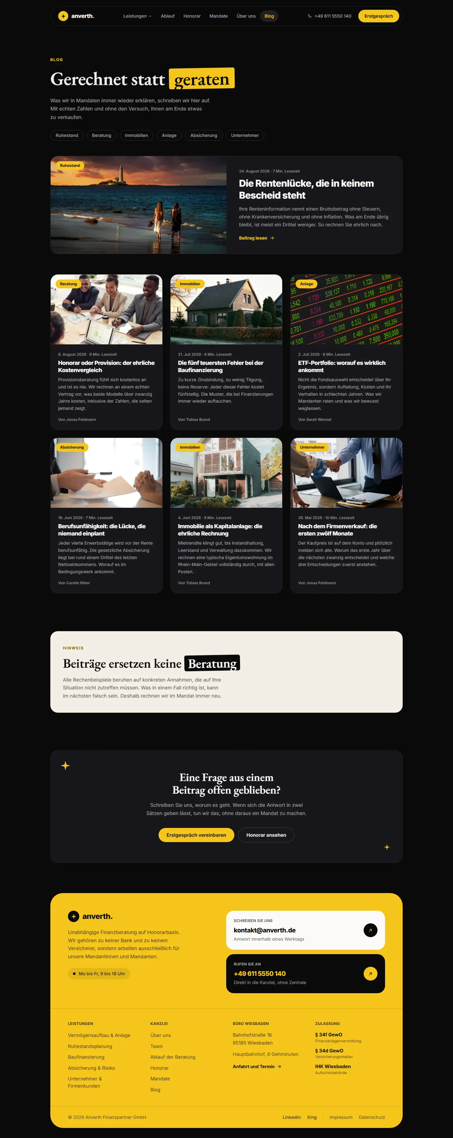Sieben Artikel mit Tabellen des Templates Anverth