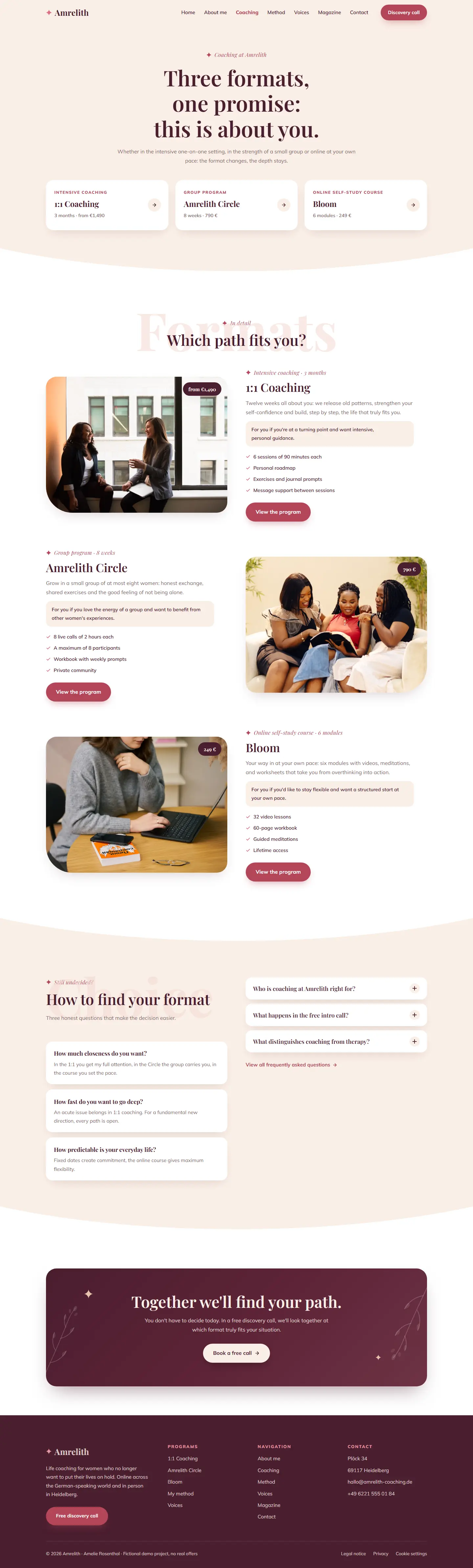 Coaching overview page of the Amrelith template