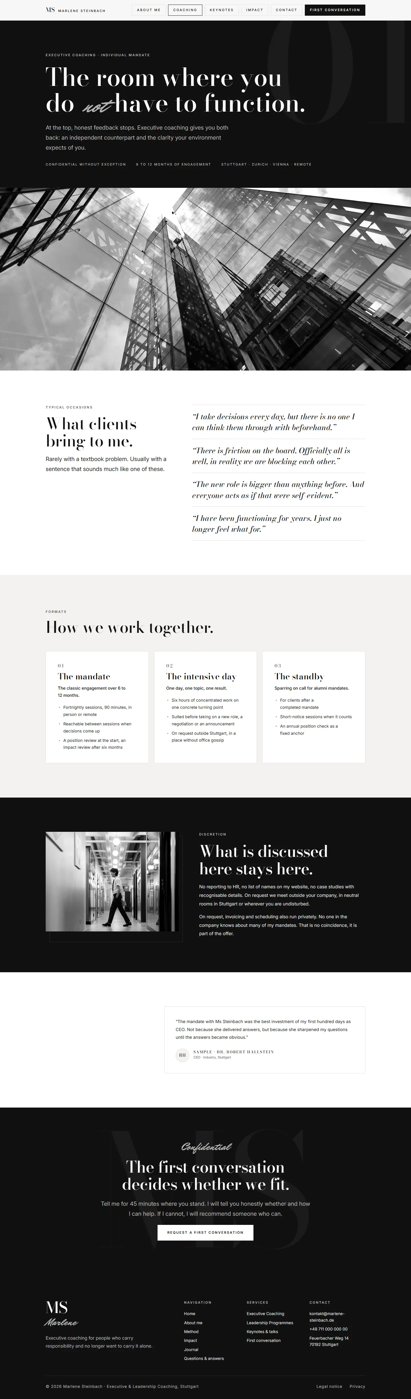 The executive coaching page of the Steinbach template, white serif type on a dark band with a watermark