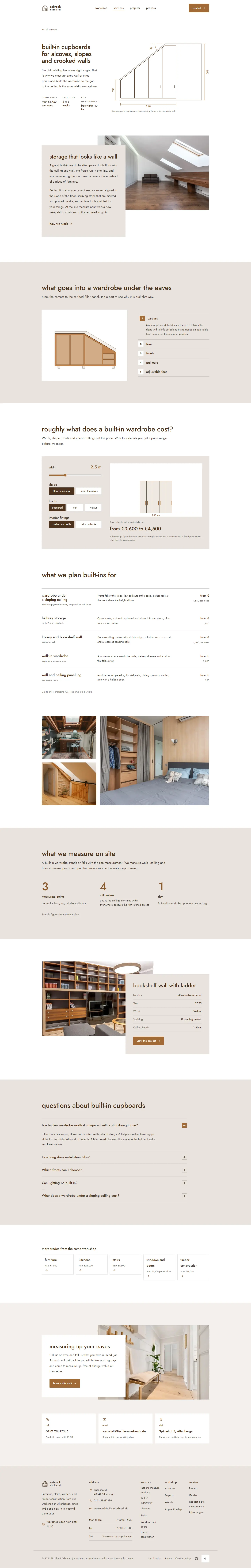 Built-in wardrobe page with a drawing of the wardrobe front, choices for shape, fronts and interior and a price range