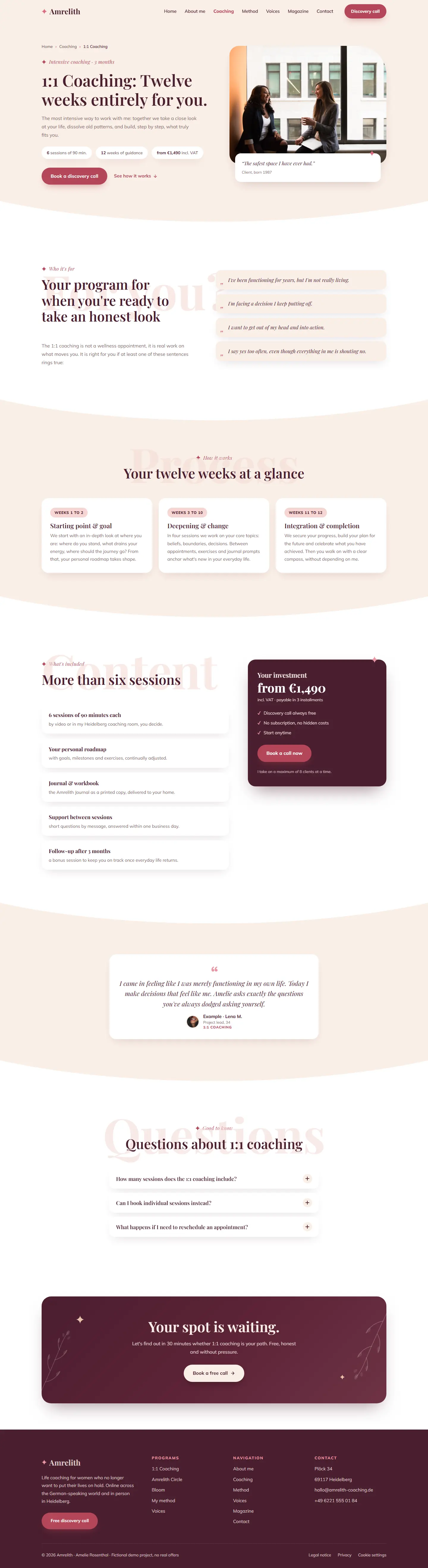 1:1 coaching page of the Amrelith template
