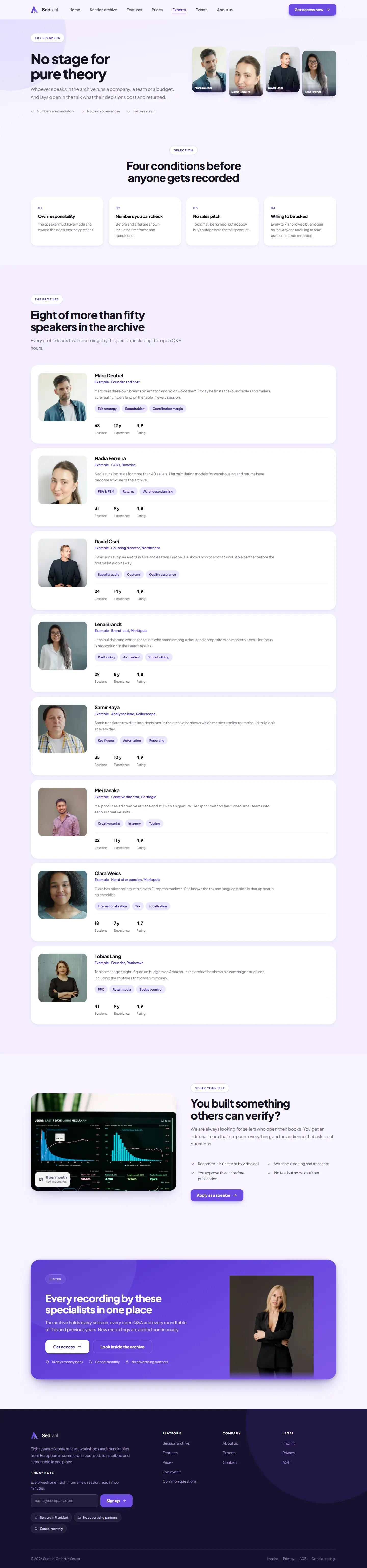 Experts page of the Sedrahl template with eight speaker profiles