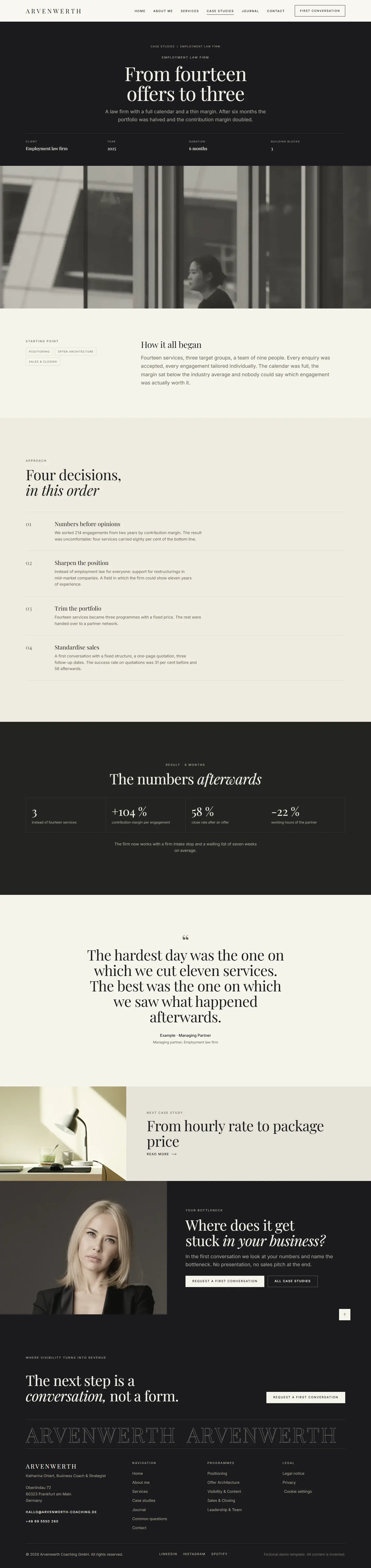 Case study page of the Arvenwerth template