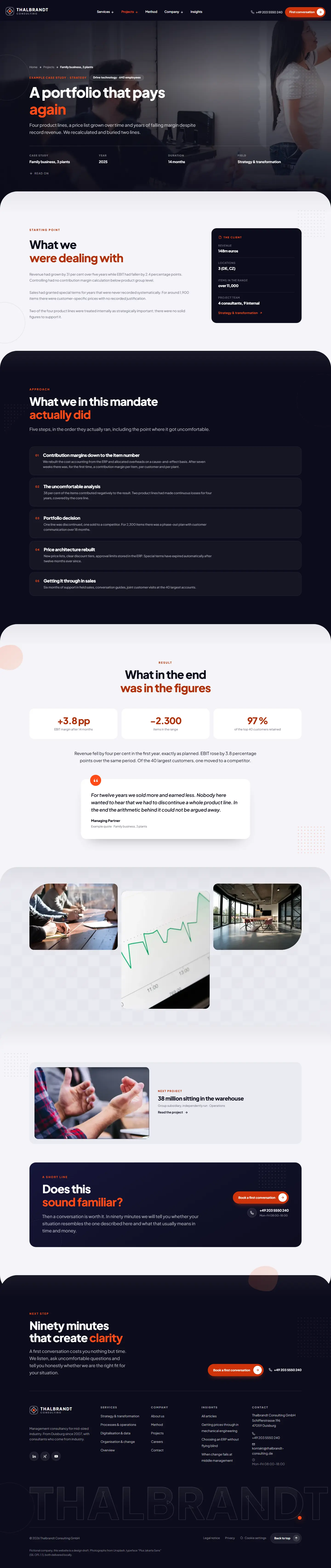 Case study page of the Thalbrandt template with situation, approach and result
