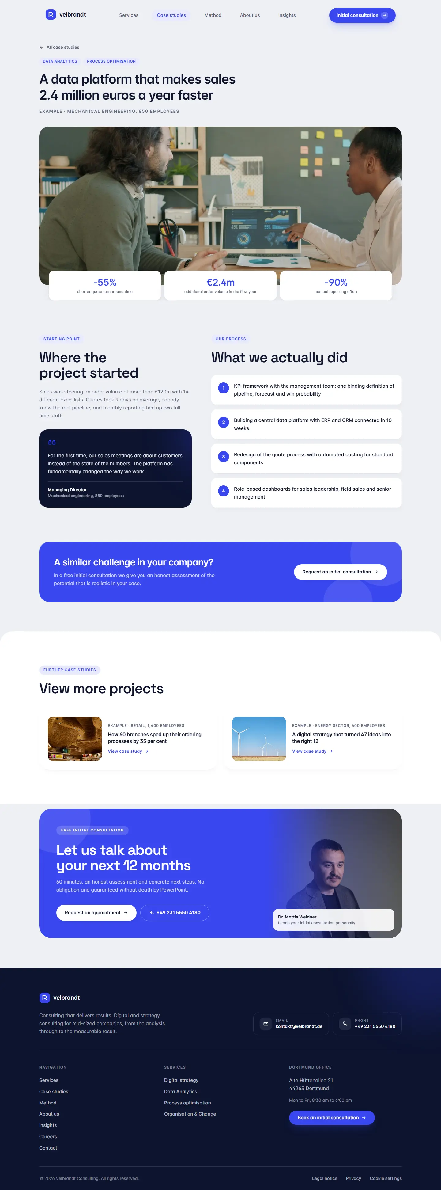 Case study detail page of the Velbrandt template with metrics