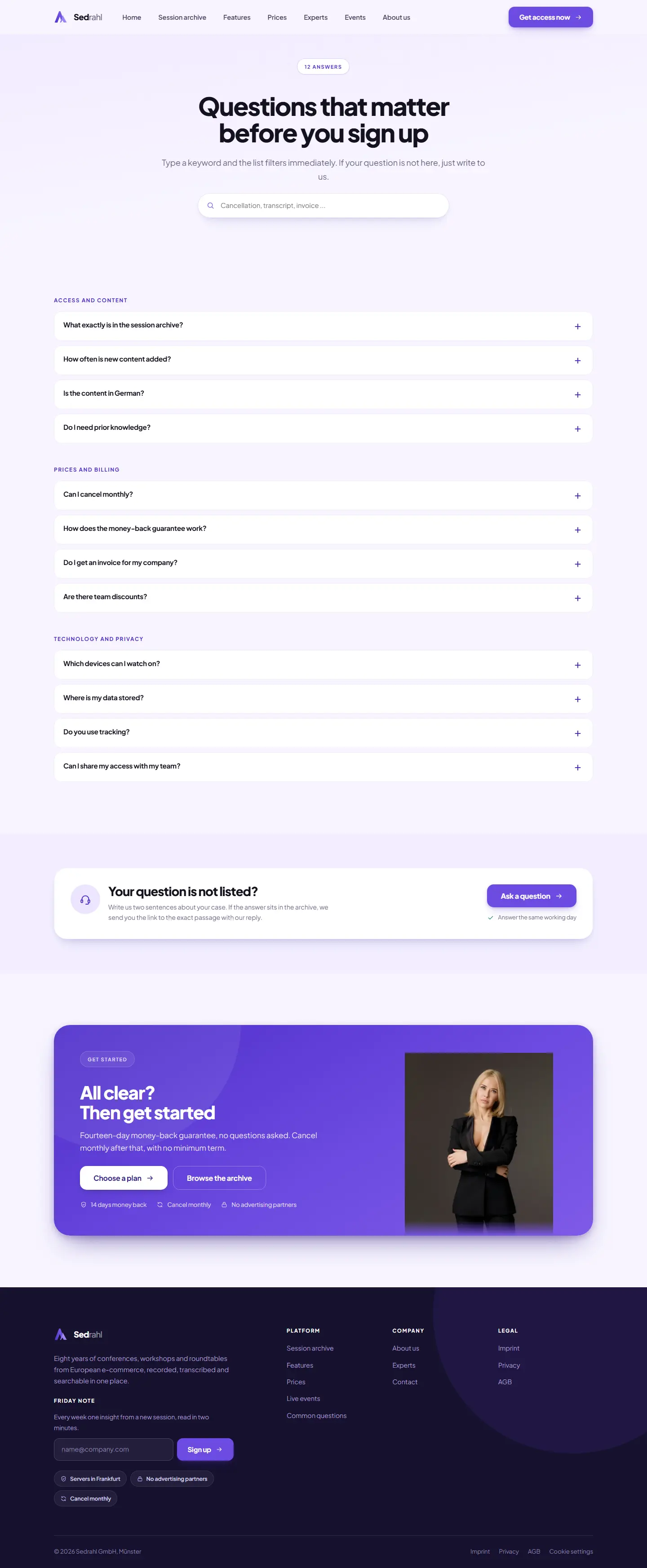 FAQ page of the Sedrahl template with a live filter across twelve questions